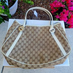Authinticated Gucci Medium Twins Tote- Beige/Ivory Canvas- Monogrammed Canvas-